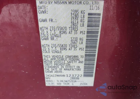 2017 Nissan Murano Platinum z USA, uszkodzony, nr VIN 5N1AZ2MH4HN123722